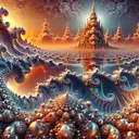 sea of fractals, an ornamental  tower, large waves, gems, shiny, mandala stars in the sky, orange neon gradient