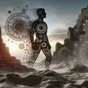 silhouette of a man made of clock and gears and rocks engraved with fractals and mandala 4k, geometric