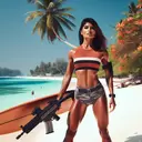 super model with a minigun at the beach