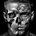tattoo of a half skeleton and half human face with gangster tattoos and the human face with a cross tattoo