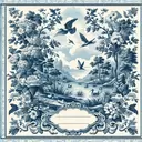 vintage style invitation featuring toile de jouy pattern with lake flowers birds and chinoiserie blue with baroque border